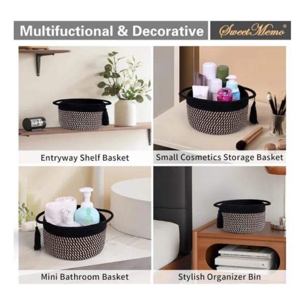 Cotton 8x4 Inch Round 2 Set With Jhalar Bedside Organizer (Black Beige) - Image 3