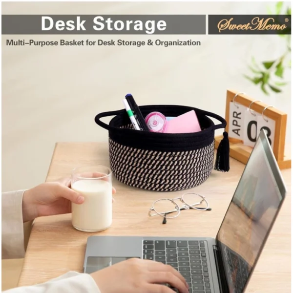 Cotton 8x4 Inch Round 2 Set With Jhalar Bedside Organizer (Black Beige) - Image 2