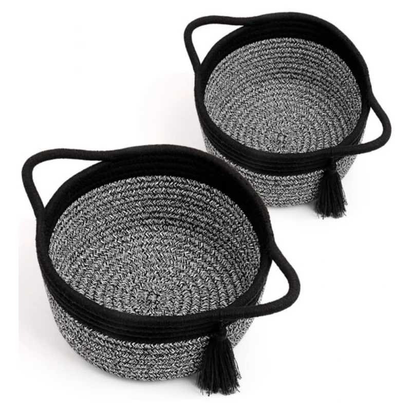 Cotton 8x4 Inch Round 2 Set Kidi With Jhalar Bedside Organizer (Black Kidi)