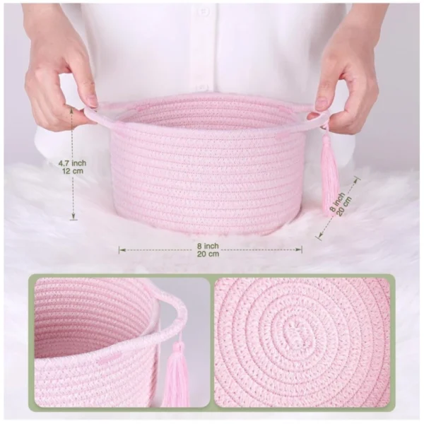 Cotton 8x4 Inch Round 2 Set With Jhalar Bedside Organizer (Pink) - Image 2