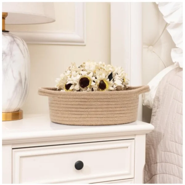 Cotton 8x3 Inch Round Bedside Organizer (Beige) - Image 3