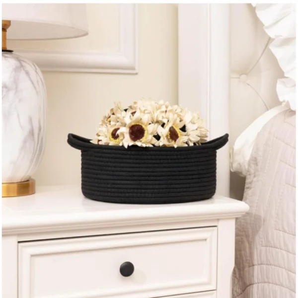 Cotton 8x3 Inch Round Bedside Organizer (Black) - Image 2