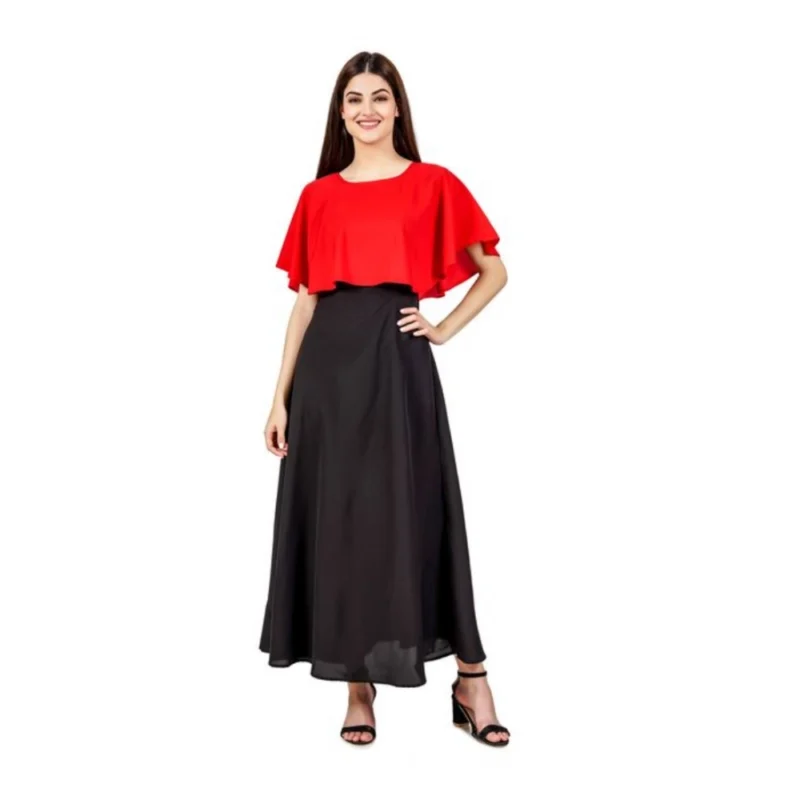 Women's Casual Crepe Sleeveless Cape Dress (Red)