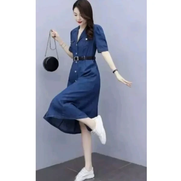 Women's Casual Denim Half Sleeves Dress (Blue) - Image 3