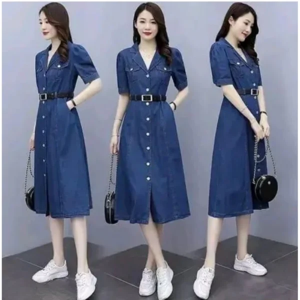 Women's Casual Denim Half Sleeves Dress (Blue) - Image 5