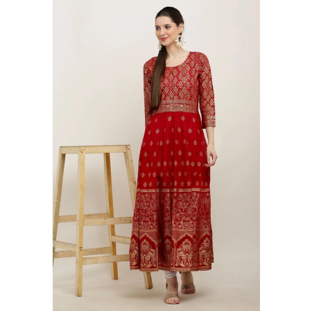 Women's Casual Rayon 3-4th Sleeves Anarkali Kurti (Red) - Image 3