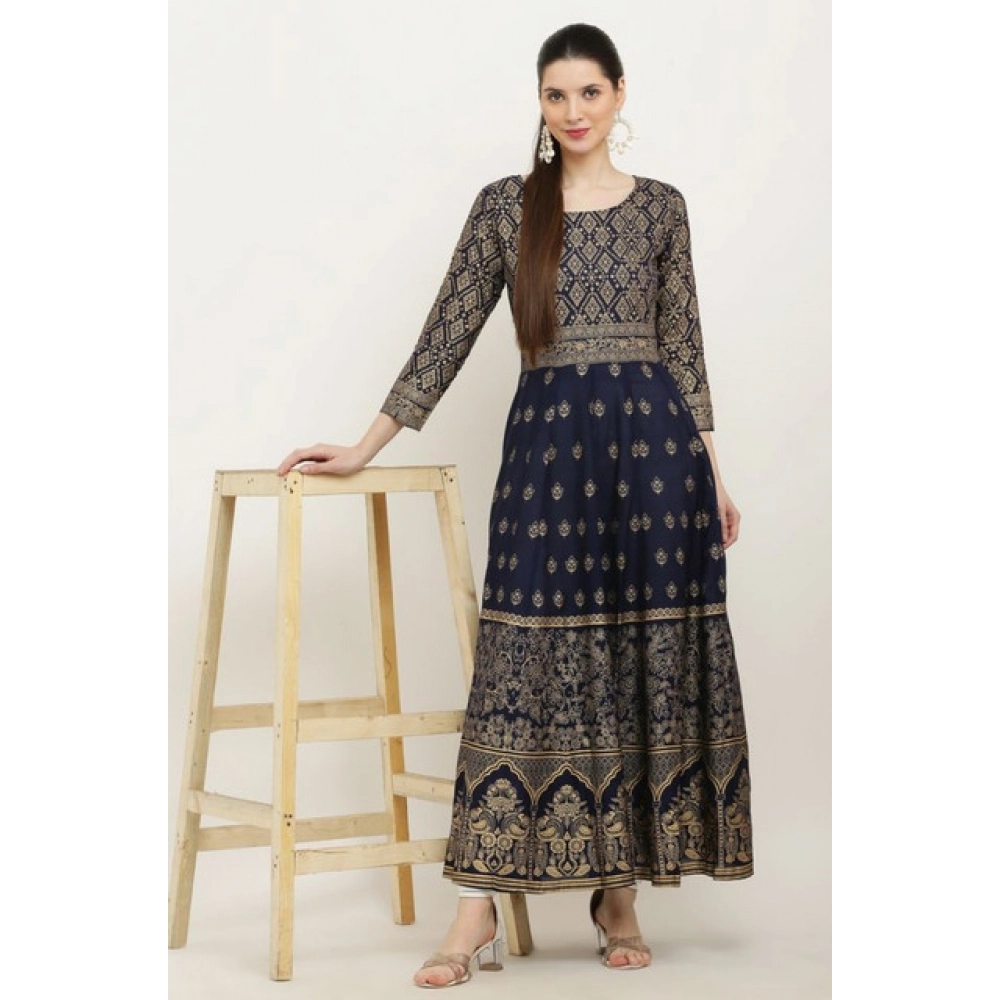 Women's Casual Rayon 3-4th Sleeves Anarkali Kurti (Blue) - Image 4