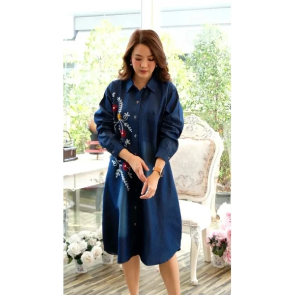 Women's Casual Denim Full sleeve Dress (Blue) - Image 3