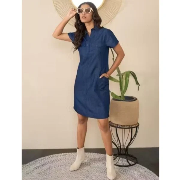 Women's Casual Denim Half Sleeves Dress (Blue) - Image 2