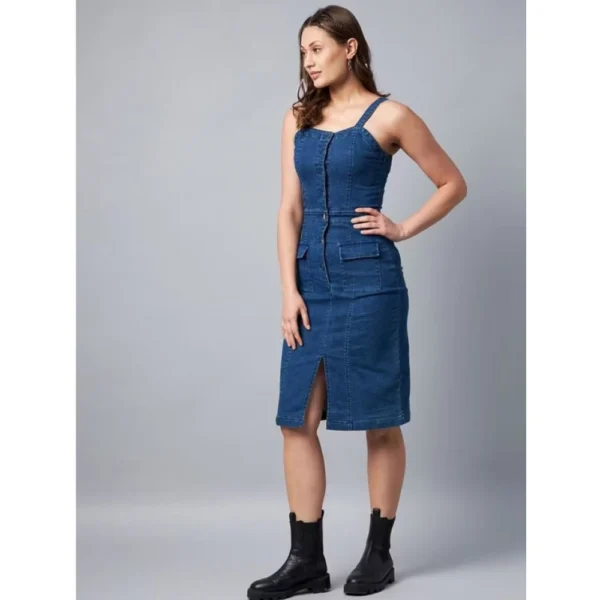 Women's Casual Denim Sleeveless Dress (Blue) - Image 4