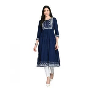 Women's Casual Rayon 3-4th Sleeves Kurti (Blue)