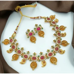 Women's Gold Plated Traditional Necklace and Earrings Set (Multi Color, Free Size)