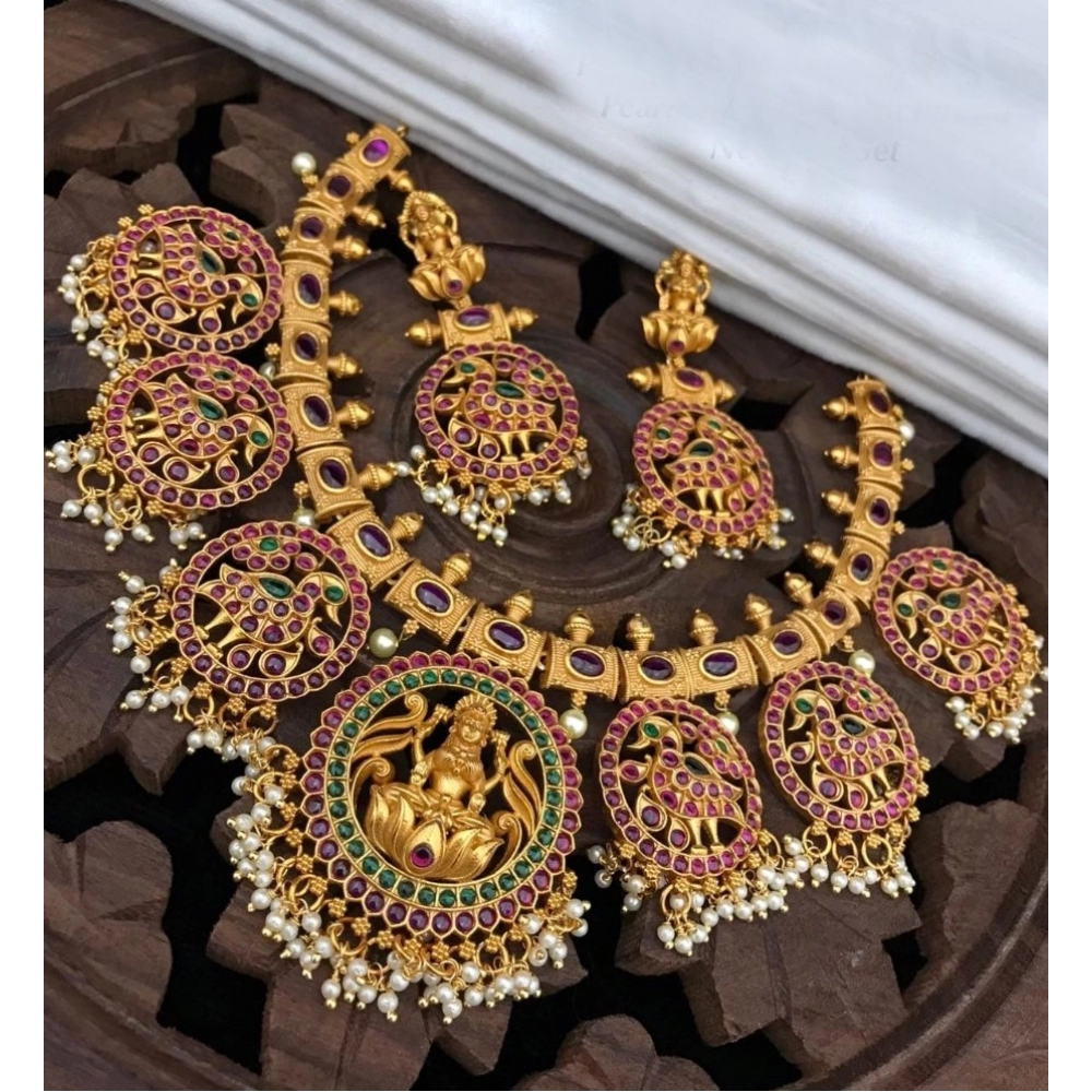 Women's Goddess Glamour Gold Plated Temple Necklace and Jhumka Set (Multi Color, Free Size)