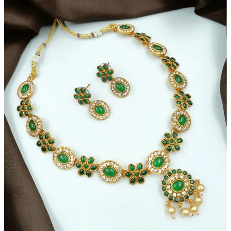 Women's Temple Elegance Gold Plated Necklace and Earrings Set (Green, Free Size)