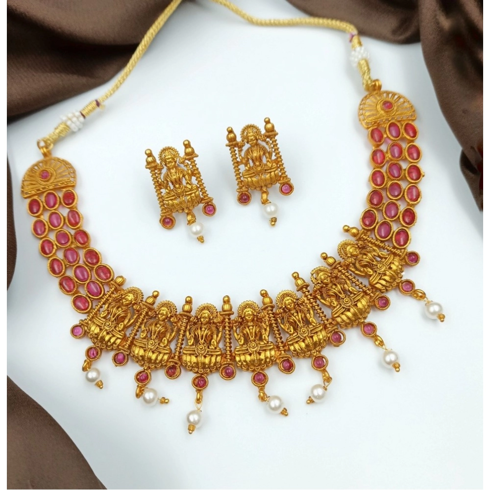 Women's Gold Plated Necklace and Earrings Set (Red, Free Size)