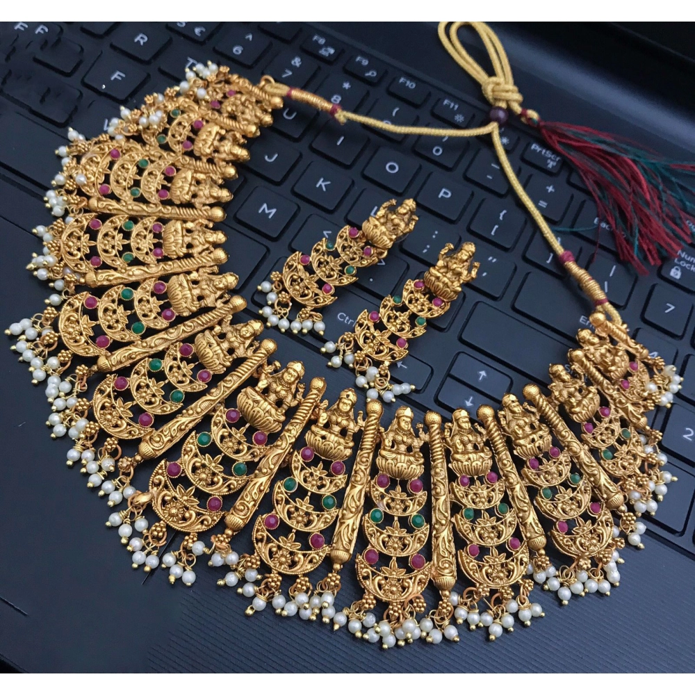 Women's Gold Plated Temple Necklace and Earrings Set (Multi Color, Free Size)