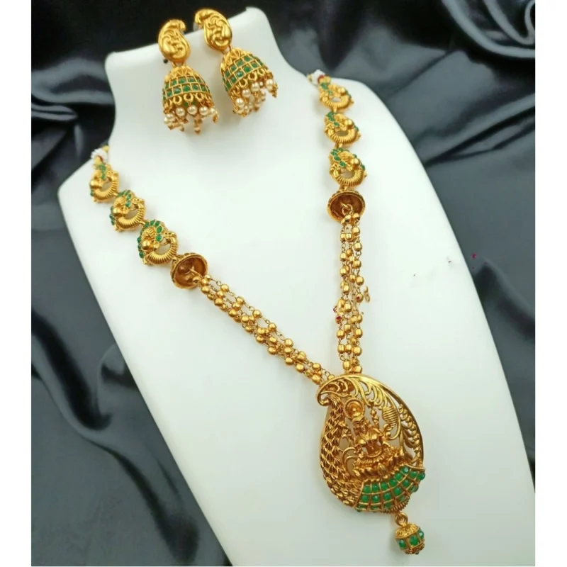 Women's Traditional Temple Necklace and Earrings Set in Gold (Green, Free Size)