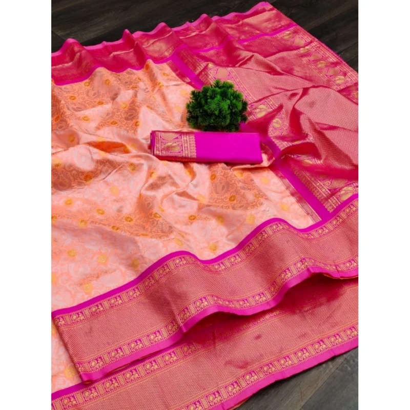 Alternative view of Women's Soft Lichi Silk Printed Saree With Unstitched Blouse 5.5Mtr (Pink)