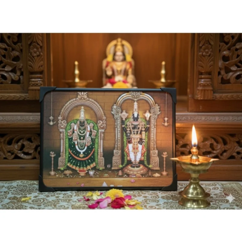Wooden Tirupati Balaji Padmavati Venkateshwara Swamy Table Top Devotional Player (Multicolor)