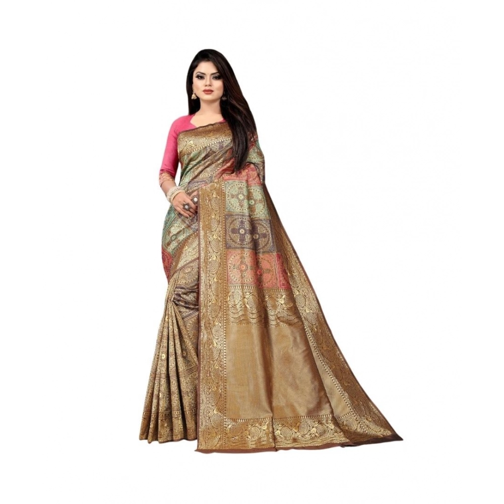 Women's Soft Lichi Silk Printed Saree With Unstitched Blouse 5.5Mtr (Gold)