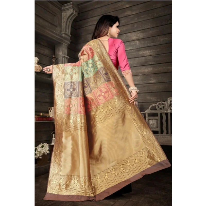 Alternative view of Women's Soft Lichi Silk Printed Saree With Unstitched Blouse 5.5Mtr (Gold)