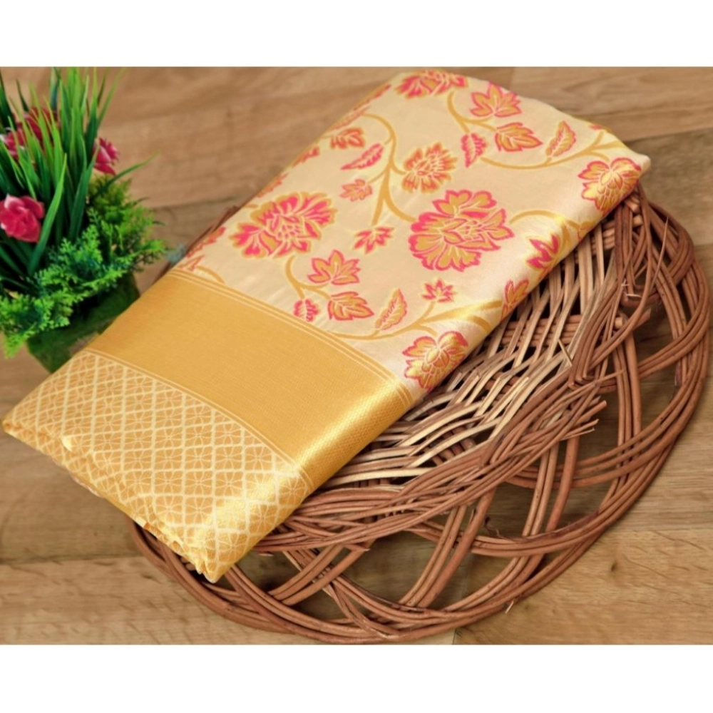 Women's Soft Lichi Silk Printed Saree With Unstitched Blouse 5.5Mtr (Gold)