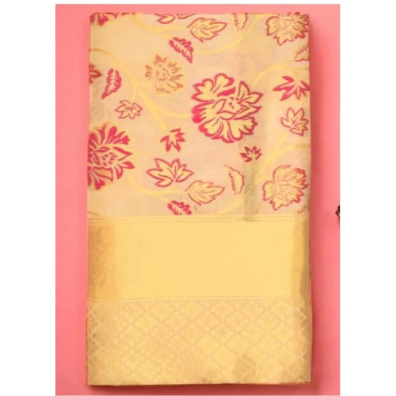 Alternative view of Women's Soft Lichi Silk Printed Saree With Unstitched Blouse 5.5Mtr (Gold)