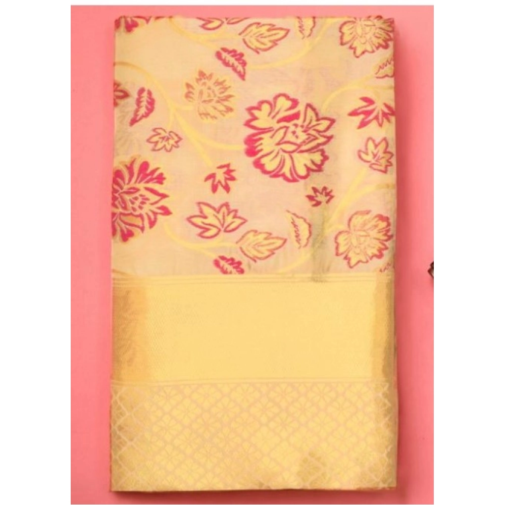 Women's Soft Lichi Silk Printed Saree With Unstitched Blouse 5.5Mtr (Gold) - Image 2