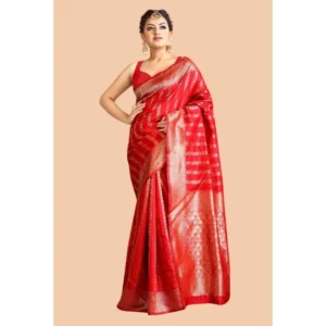 Alternative view of Women's Soft Lichi Silk Printed Saree With Unstitched Blouse 5.5Mtr (Red)