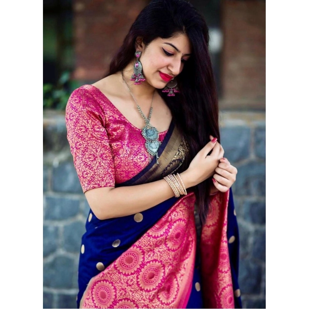 Women's Soft Lichi Silk Printed Saree With Unstitched Blouse 5.5Mtr (Blue) - Image 2