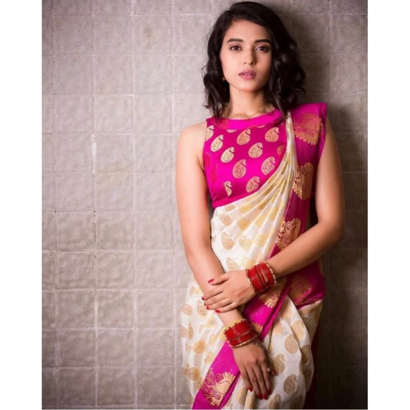 Alternative view of Women's Soft Lichi Silk Printed Saree With Unstitched Blouse 5.5Mtr (White)