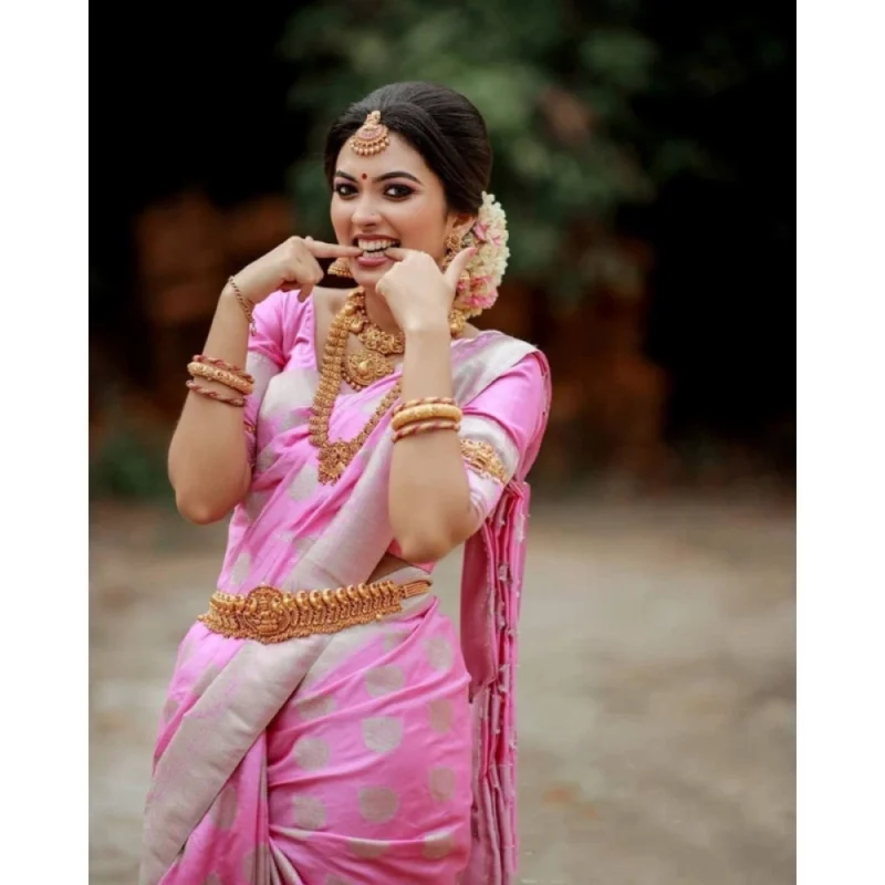 Alternative view of Women's Soft Lichi Silk Printed Saree With Unstitched Blouse 5.5Mtr (Pink)