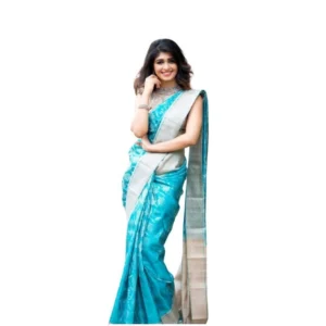 Women's Soft Lichi Silk Printed Saree With Unstitched Blouse 5.5Mtr (Sky-Blue)