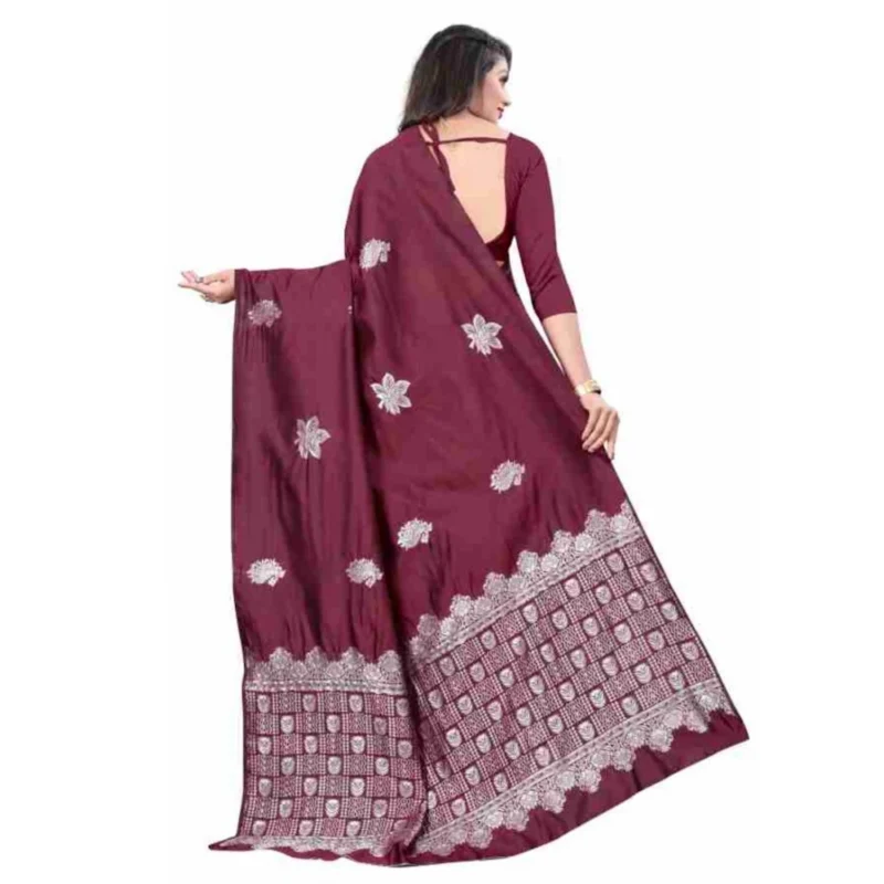 Alternative view of Women's Soft Lichi Silk Printed Saree With Unstitched Blouse 5.5Mtr (Wine)