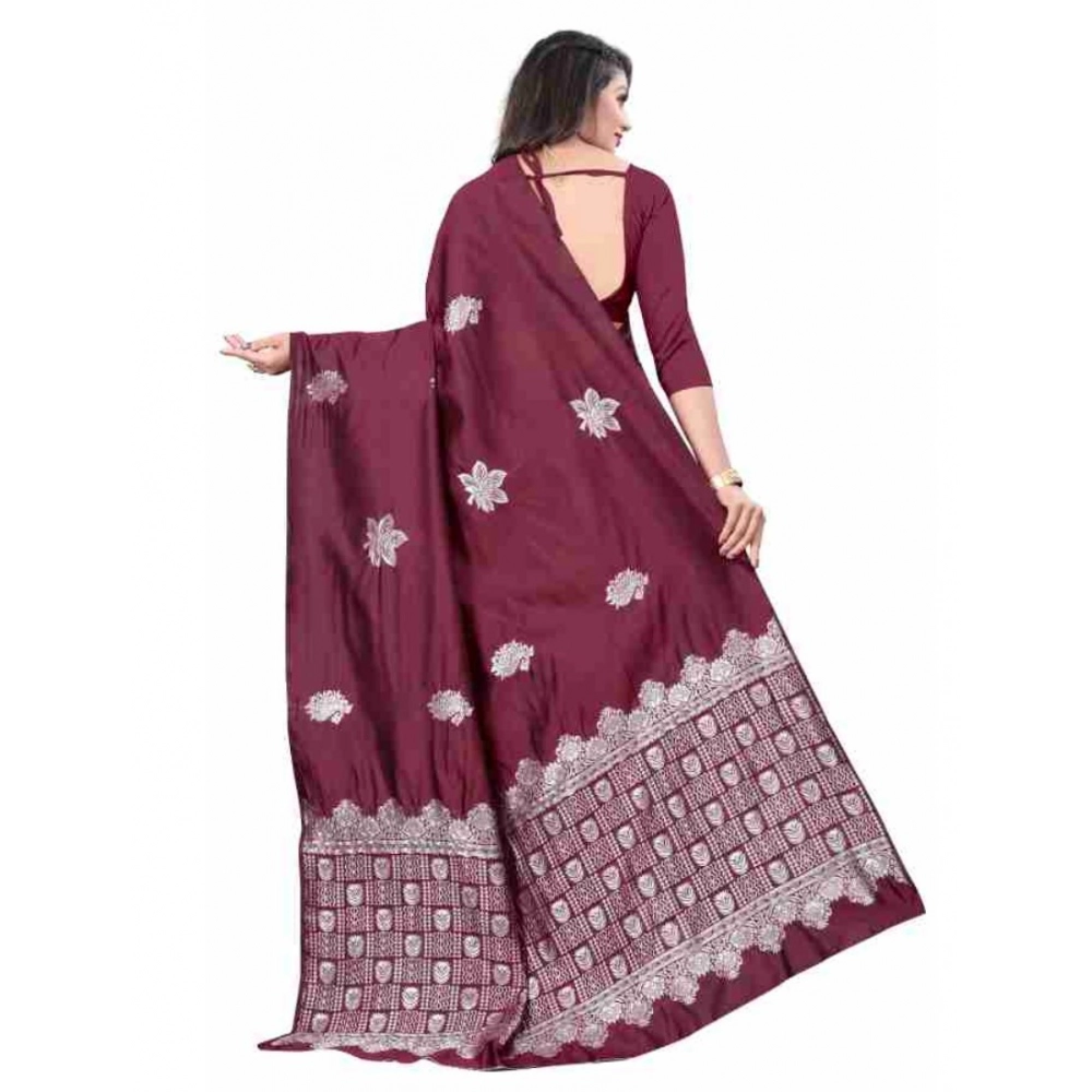 Women's Soft Lichi Silk Printed Saree With Unstitched Blouse 5.5Mtr (Wine) - Image 2