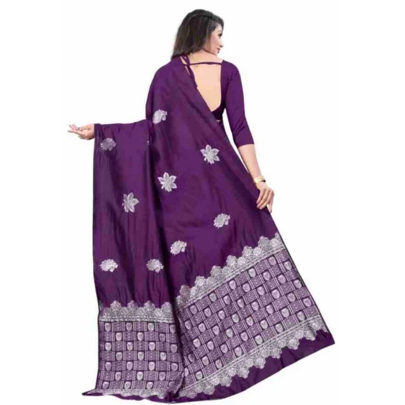 Alternative view of Women's Soft Lichi Silk Printed Saree With Unstitched Blouse 5.5Mtr (Purple)