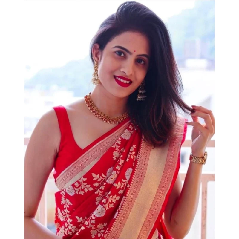 Alternative view of Women's Soft Lichi Silk Printed Saree With Unstitched Blouse 5.5Mtr (Red)