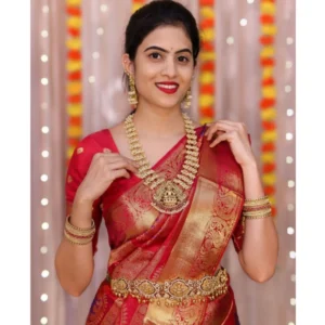 Alternative view of Women's Soft Lichi Silk Printed Saree With Unstitched Blouse 5.5Mtr (Red)