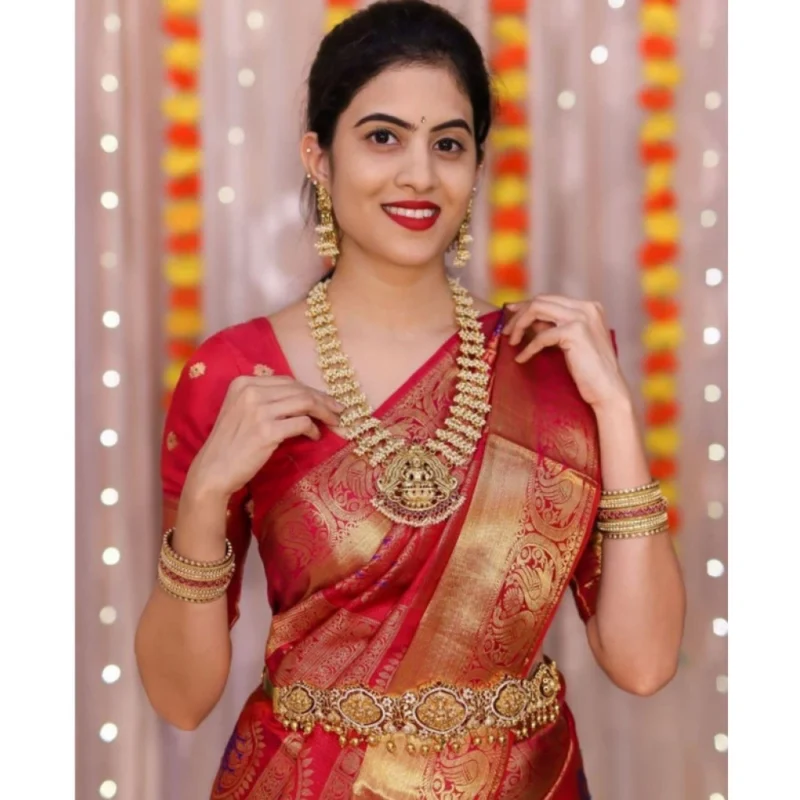 Alternative view of Women's Soft Lichi Silk Printed Saree With Unstitched Blouse 5.5Mtr (Red)