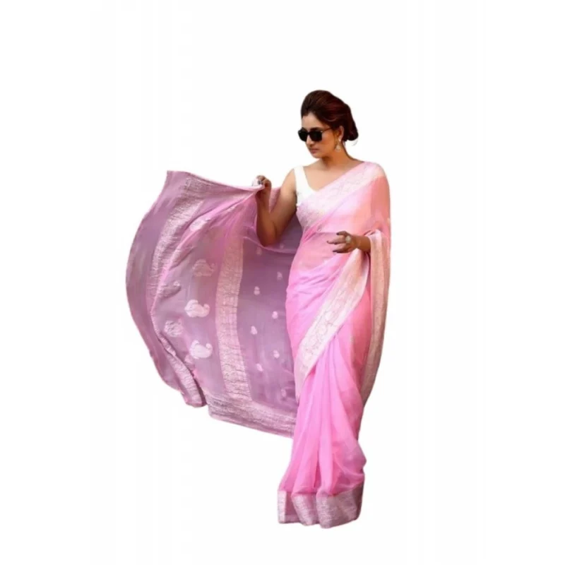 Women's Soft Lichi Silk Printed Saree With Unstitched Blouse 5.5Mtr (Pink)