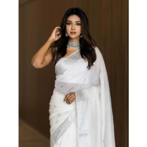 Alternative view of Women's Soft Lichi Silk Printed Saree With Unstitched Blouse 5.5Mtr (White)