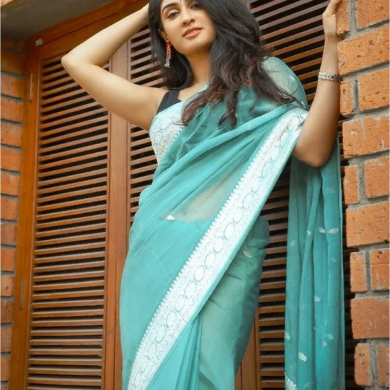 Alternative view of Women's Soft Lichi Silk Printed Saree With Unstitched Blouse 5.5Mtr (Sky-Blue)