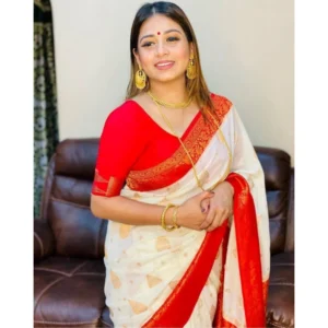 Alternative view of Women's Soft Lichi Silk Printed Saree With Unstitched Blouse 5.5Mtr (White)