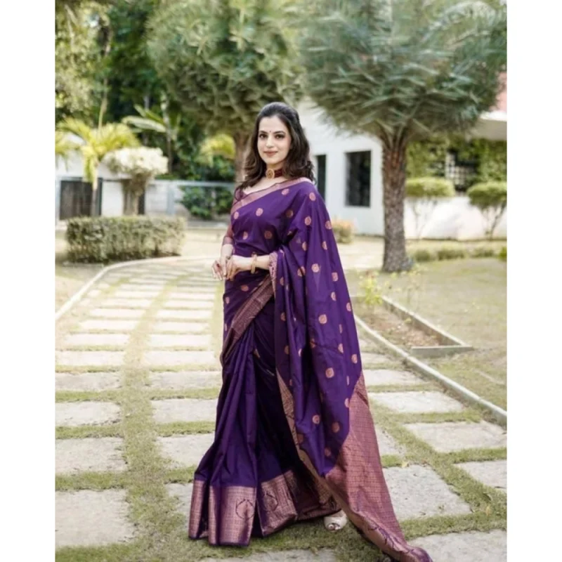 Alternative view of Women's Soft Lichi Silk Printed Saree With Unstitched Blouse 5.5Mtr (Blue)