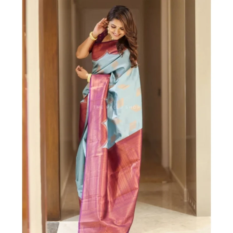Alternative view of Women's Soft Lichi Silk Printed Saree With Unstitched Blouse 5.5Mtr (Light-Blue)