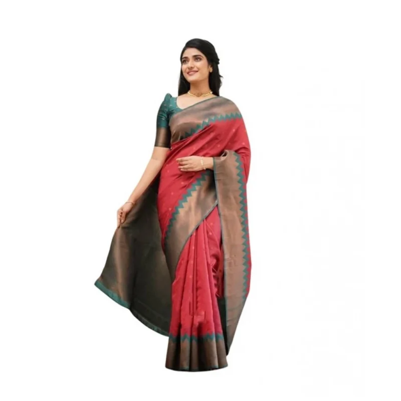 Women's Soft Lichi Silk Printed Saree With Unstitched Blouse 5.5Mtr (Red)