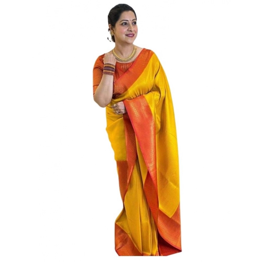 Women's Soft Lichi Silk Printed Saree With Unstitched Blouse 5.5Mtr (Mustard聽)