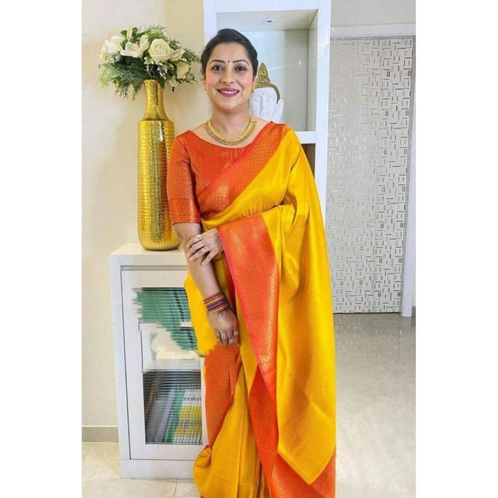 Women's Soft Lichi Silk Printed Saree With Unstitched Blouse 5.5Mtr (Mustard聽) - Image 2