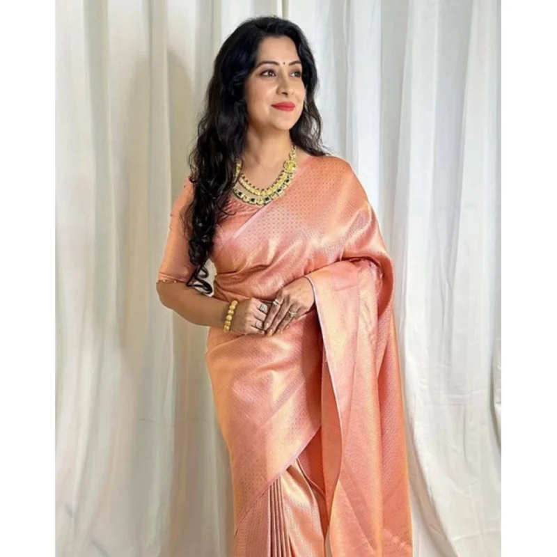 Alternative view of Women's Soft Lichi Silk Printed Saree With Unstitched Blouse 5.5Mtr (Peach)