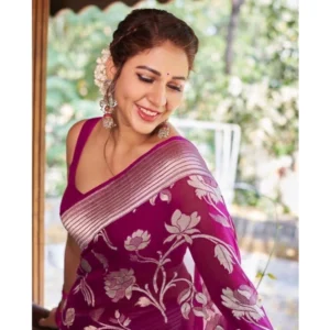 Alternative view of Women's Soft Lichi Silk Printed Saree With Unstitched Blouse 5.5Mtr (Purple)